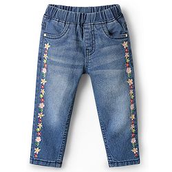 Babyhug Full Length Denim Jeggings With Stretch Floral Embroidery - Blue