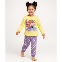 Babyhug Disney Single Jersey Knit Full Sleeves Night Suit With Frozen Elsa & Anna Graphic - Purple & Yellow
