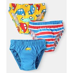 Babyhug 100% Cotton Single Jersey Knit Antibacterial Briefs With Striped & Vehicle Print Pack Of 3 - Blue Red & Yellow