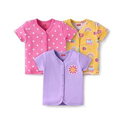 Babyhug Interlock Knit Half Sleeve Antibacterial Open Vest With Floral & Polka Dot Print - Pink Purple & Yellow