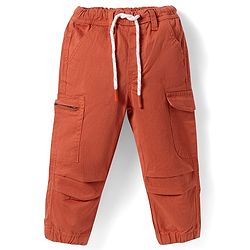 Babyhug Cotton Lycra Woven Full Length Solid Trouser With Stretch & Cargo Pockets - Dark Orange