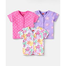 Babyhug 100% Cotton Knit Half Sleeves Antibacterial Front Open Vests with Polka Dots & Fish Print Pack of 3 - Dark Pink Purple & White