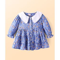 Babyhug Cotton Woven Full Sleeves Peter Pan Collared Front Open Frock with Floral Print - Blue