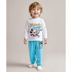 Babyhug Disney Single Jersey Knit Full Sleeves Night Suit With Mickey Mouse Graphic - Light Blue & White