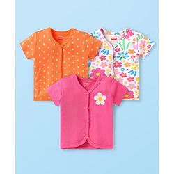 Babyhug Interlock Knit Half Sleeves Antibacterial Front Open Vests With Polka Dots & Floral Print Pack Of 3 - Orange Pink & White