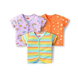 Babyhug 100% Cotton Interlock Knit Half Sleeves Antibacterial Vests With Rainbow Striped & Star Print Pack Of 3 - Orange Purple & Yellow