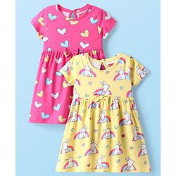 Babyhug Single Jersey Knit Half Sleeves Frock with Rabbit & Heart Print Pack of 2 - Pink & Yellow