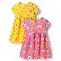 Babyhug Single Jersey Knit Half Sleeves Stars Printed Frocks with Bow Applique Pack of 2 - Yellow & Pink