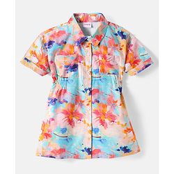 Babyhug Cotton Woven Half Sleeves Anti Bacterial Shirt Style Frock with Floral Print - Multicolor