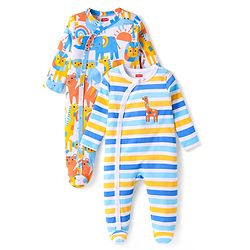 Babyhug Cotton Knit Full Sleeve Footed Sleepsuits With Stripes & Animal Pack Of 2 - Light Blue & White