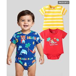Babyhug 100% Cotton Knit Half Sleeves Onesies With Stripes & Animal Print Pack of 3 - Blue Red & Yellow