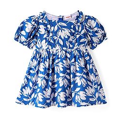 Babyhug Cotton Woven Puffed Sleeves Frock with Floral Print - Blue