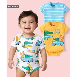 Babyhug 100% Cotton Knit Half Sleeves Onesies With Stripes & Dino Print Pack of 3 - Blue White & Yellow