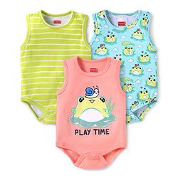Babyhug 100% Cotton Knit Sleeveless Onesies With Stripes & Animal Print Pack of 3 - Peach Blue & Limegreen