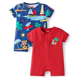Babyhug 100% Cotton Knit Half Sleeves Rompers With Animals On Beach Print Pack of 2 - Red & Navy Blue