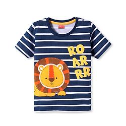 Babyhug Cotton Knit Half Sleeves Stripes T-Shirt with Lion Patch & Text Print - Navy Blue