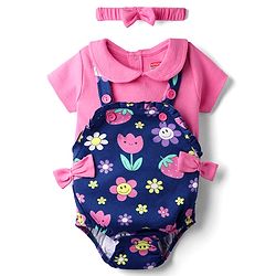 Babyhug 100% Cotton Knit Half Sleeves Floral Printed Onesie With Bow Applique & Headband - Pink & Navy Blue