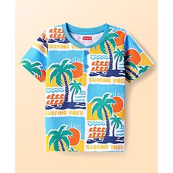 Babyhug Cotton Knit Half Sleeves T-Shirt With Beach Theme Print - Light Blue & White