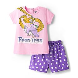 Babyhug Disney Single Jersey Knit Half Sleeves Shorts Night Suit With Rapunzel Graphic - Pink & Purple
