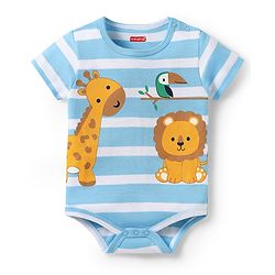 Babyhug 100% Cotton Knit Half Sleeves Onesie With Stripes & Animal Print - Light Blue