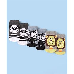 Cute Walk By Babyhug Knit Ankle Length Anti-Bacterial Socks with Animal Design Pack of 3 - Gray & Black