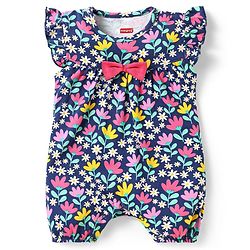Babyhug 100% Cotton Knit Frill Sleeves Romper with Floral Print & Bow Applique - Navy Blue