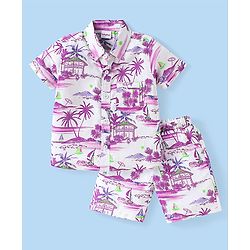 Babyhug Rayon Knit Half Sleeves Shirt & Shorts Co-Ord Set With Beach Theme Print - White