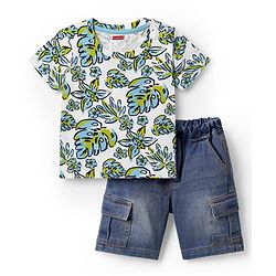 Babyhug Single Jersey Knit Half Sleeves T-Shirt & Denim Shorts Set with Leaves Print - Blue & White