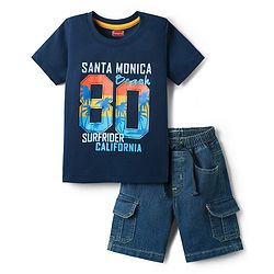 Babyhug Single Jersey Knit Half Sleeves T-Shirt & Denim Shorts Set With California Print - Navy Blue