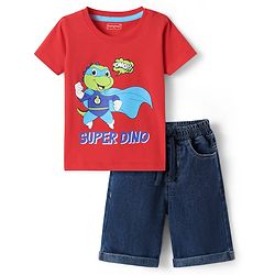 Babyhug Single Jersey Knit Half Sleeves T-Shirt & Denim Shorts Set With Dino Print - Red & Blue