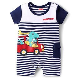 Babyhug 100% Cotton Knit Half Sleeves Romper With Dino Print - White & Blue