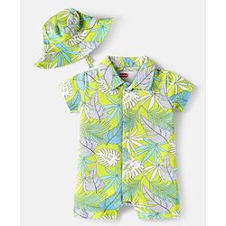 Babyhug 100% Cotton Knit Half Sleeves Romper With Leaf Print & Bucket Hat - Light Green
