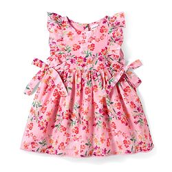 Babyhug Cotton Woven Frill Sleeves Frock With Floral Print & Bow Applique - Pink