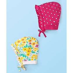 Babyhug 100% Cotton Interlock Knit Knoted Caps With Floral & Polka Dots Print Yellow & Pink Pack Of 2 - Diameter 19.5 cm