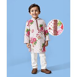 Babyhug Cotton Woven Full Sleeves Cambric Printed Kurta Pyjama Set With Polka Dot & Floral Print - White & Pink