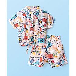 Babyhug Rayon Woven Half Raglan Sleeves Top & Shorts Set with Beach Theme Print - White