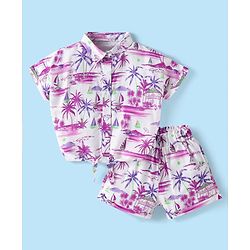 Babyhug Rayon Woven Half Sleeves Co-ords Top & Shorts Set with Beach Theme Print - White