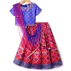 Babyhug Sleeveless Lehenga Choli & Dupatta Set with Floral Embroidery - Navy Blue main image 0