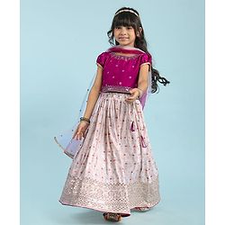 Babyhug Woven Sleeveless Foil Printed Fit & Flared Textured Party Mesh Dress with Floral Appliques on Yoke - Neon Pink main image 1