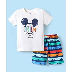 Babyhug Disney Single Jersey Knit Half Sleeves Shorts Night Suit with Mickey Mouse Graphics - White