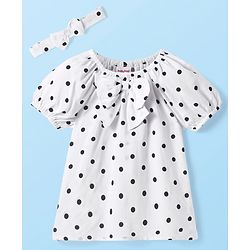 Babyhug Rayon Woven Half Puffed Sleeves Top with Polka Dots Print Bow Applique & Headband - White