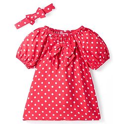 Babyhug Rayon Knit Puffed Sleeves Top & Head Band with Polka Dots & Bow Applique - Red