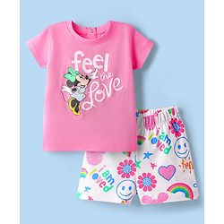 Babyhug Disney Single Jersey Knit Half Sleeves Shorts Night Suit with Minnie Mouse Graphics - Pink