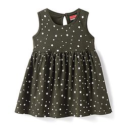 Babyhug Single Jersey Knit Sleeveless Frock With Star Print - Dark Olive Green