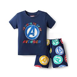 Babyhug Marvel Single Jersey Knit Half Sleeves Shorts Night Suit With Avengers Graphic - Navy Blue