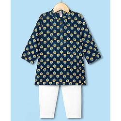 Babyhug Cotton Woven Full Sleeves Floral Printed Kurta Pyjama Set - Navy Blue