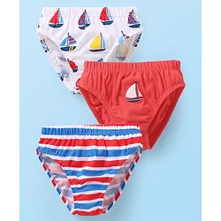 Babyhug 100% Cotton Knit Striped & Nautical Theme Printed Briefs Pack of 3 - Red Blue & White