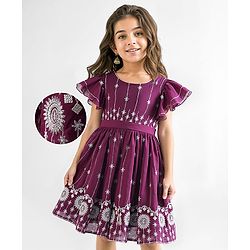 Babyhug Flutter Sleeves Georgette Ethnic Dress With Floral Embroidery & Sequin Detailing - Wine