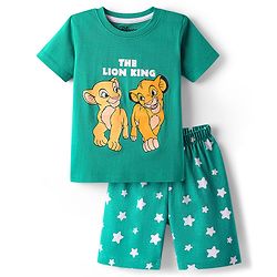 Babyhug Disney Single Jersey Knit Half Sleeves Shorts Night Suit with Simba & Friends Graphics - Mint