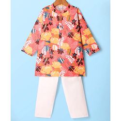 Babyhug Cambric Full Sleeves Kurta Pyjama Set with Floral Print - Coral